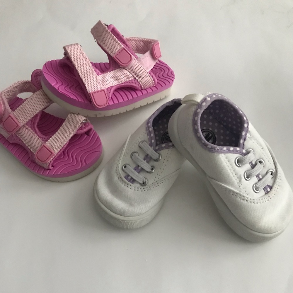 Baby girls white sneakers and pink Velcro sandals size 4 & 5